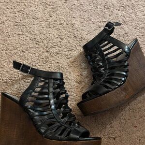 Black Strappy Wedge Sandals